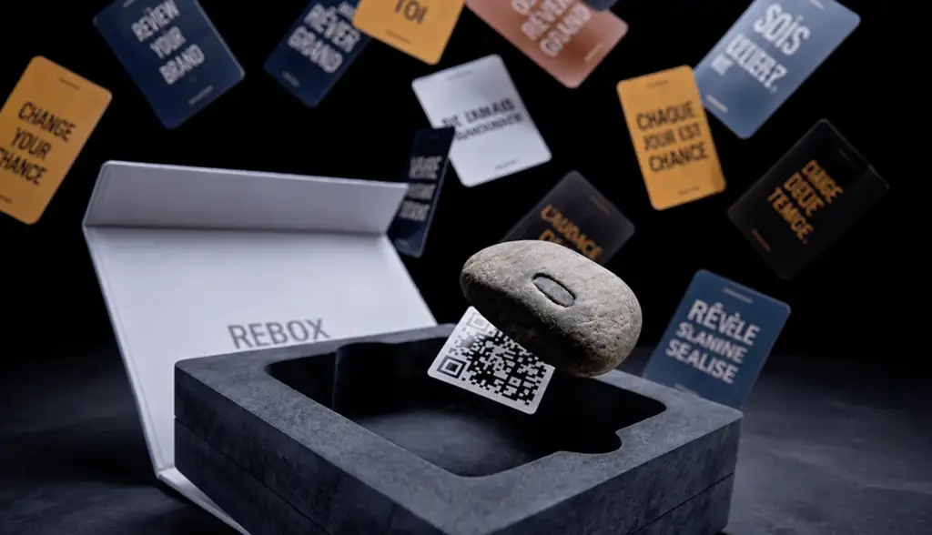 Mind Box motivational cards, engraved stone, and QR code.