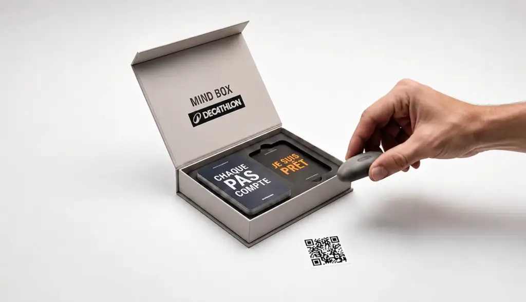 Open Decathlon Mind Box revealing motivational cards and a QR stone.