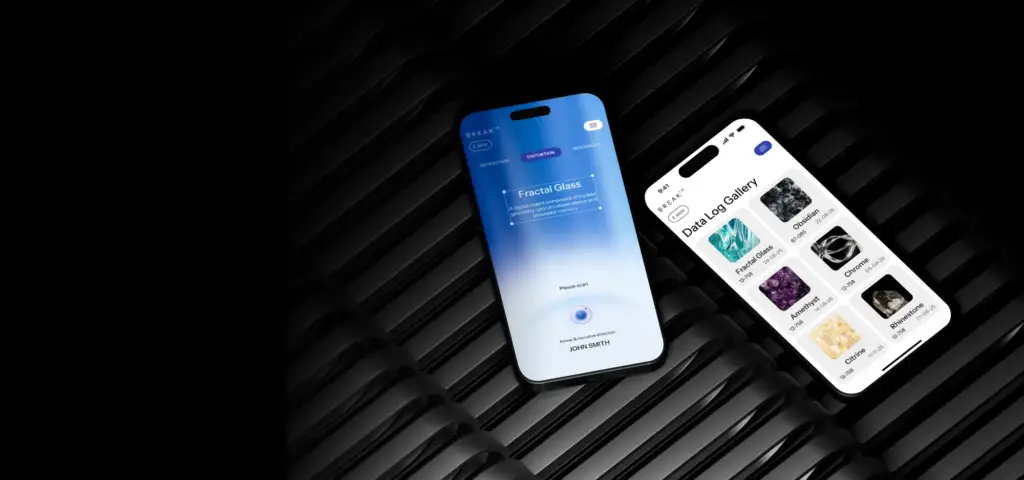 Mobile app UI design shown on two photoreal 3D phone mockups against a dark backdrop