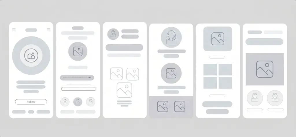 Low-fidelity UX wireframes mapping the mobile app's core flows and screens