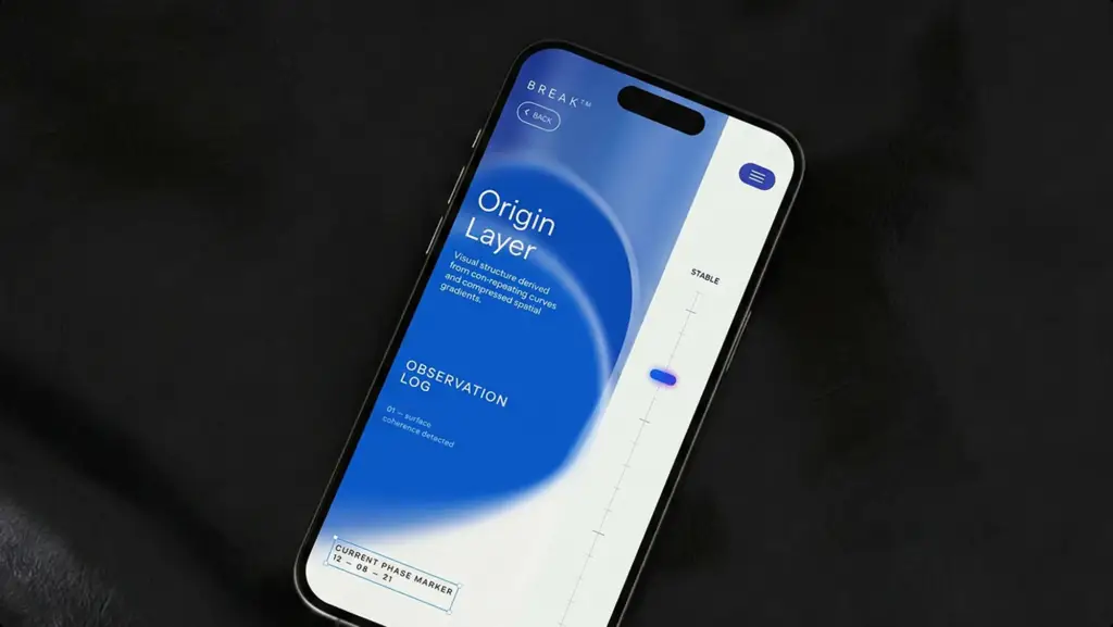 Brand-defining mobile app interface with calm visual language and depth