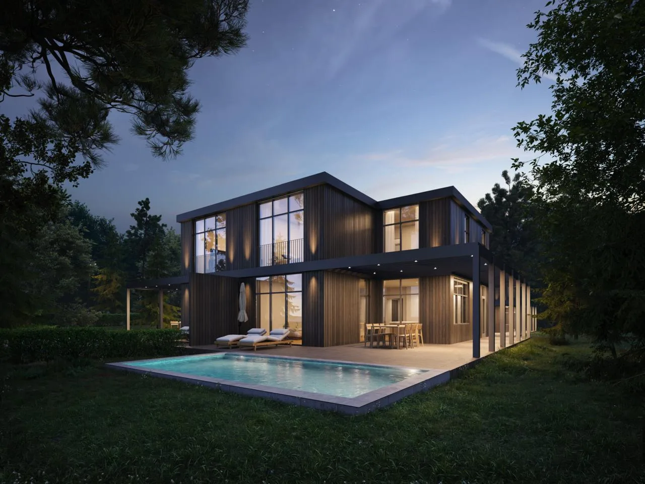 Dusk exterior rendering an architect can reuse across website and social media marketing