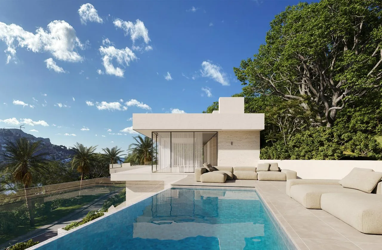 ¿Cuánto cuesta un render 3D? Precios en 2026 y factores Render 3D de exterior de villa moderna con piscina para ilustrar precios de render