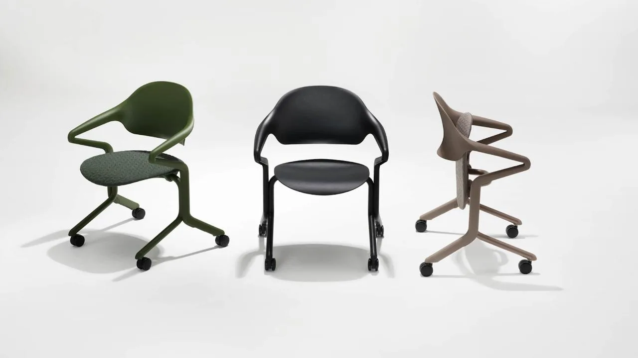 Three office chair variants rendered in one lighting setup for a furniture catalog spread