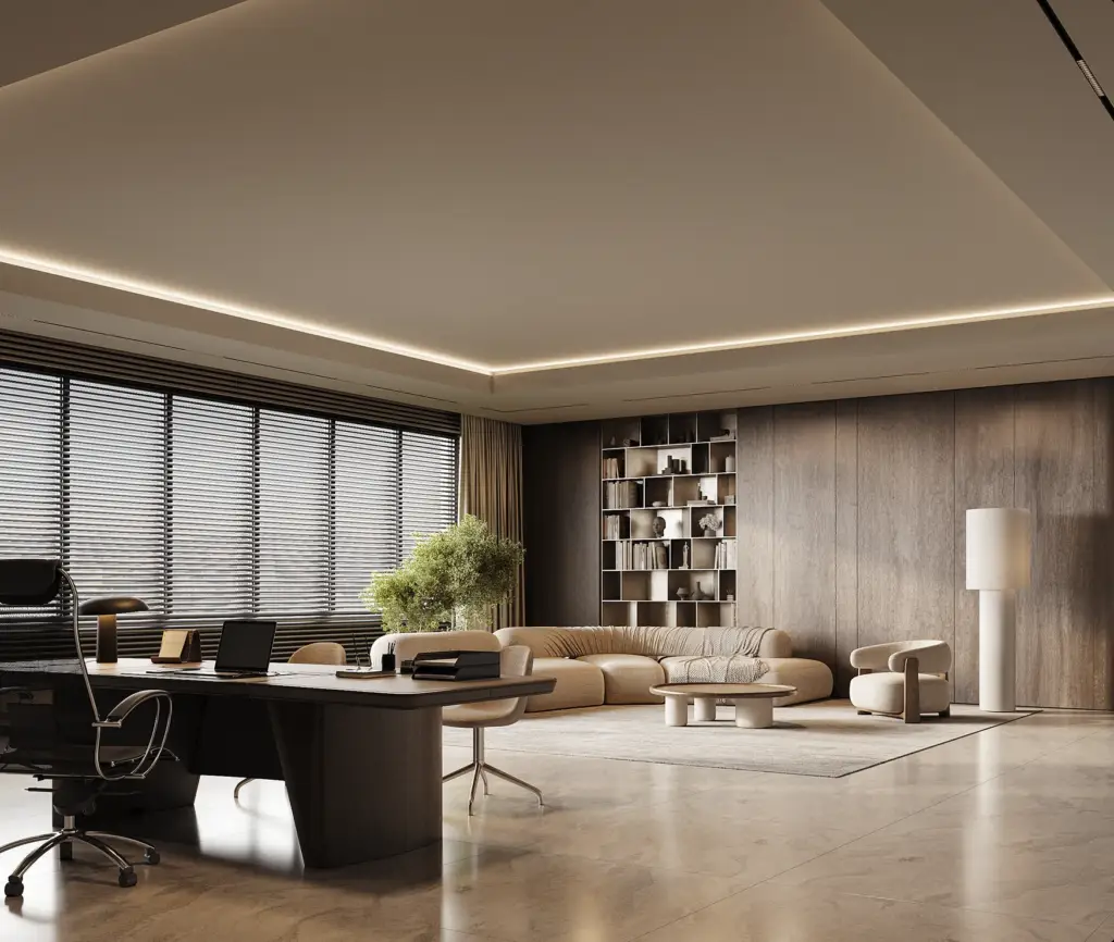 Office interior visualization used to validate workspace zoning and finishes before the fit-out