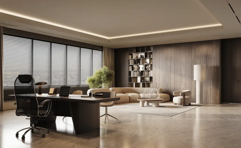 Office interior visualization workspace scene with premium finishes and natural light