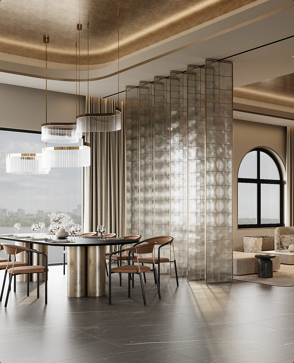 Office interior visualization of a collaboration area with warm materials