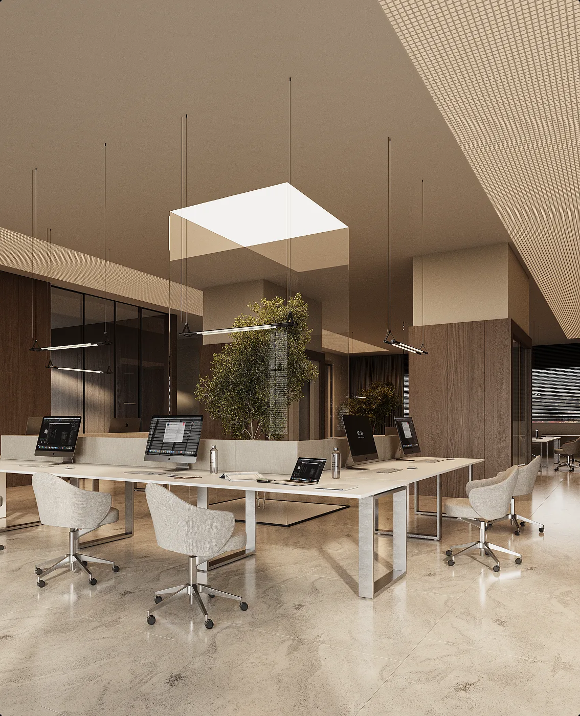 Office interior visualization of a focus zone with layered lighting