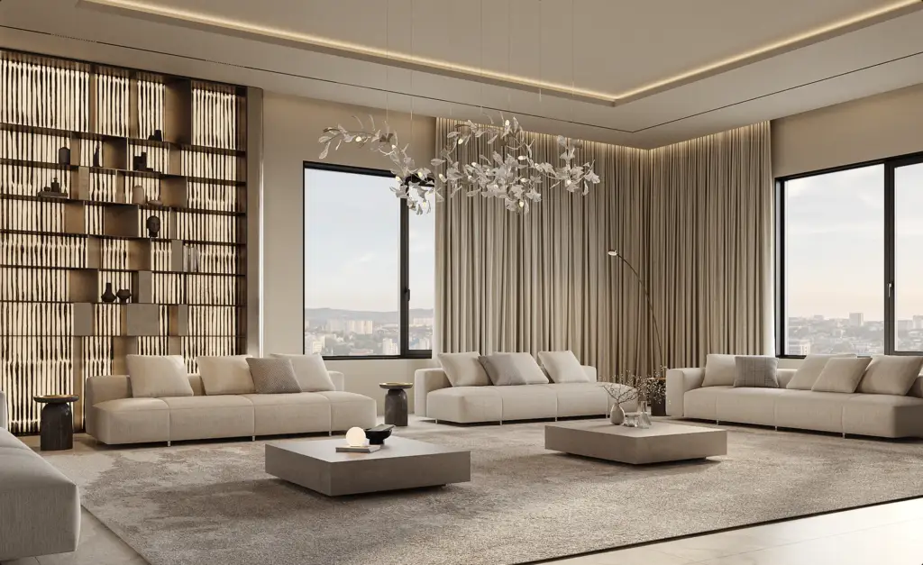 Office interior visualization of a reception and lounge area