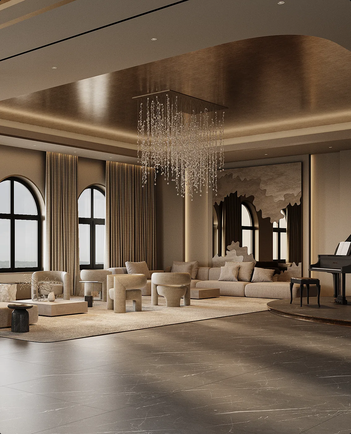 Office interior visualization of an open workspace with daylight