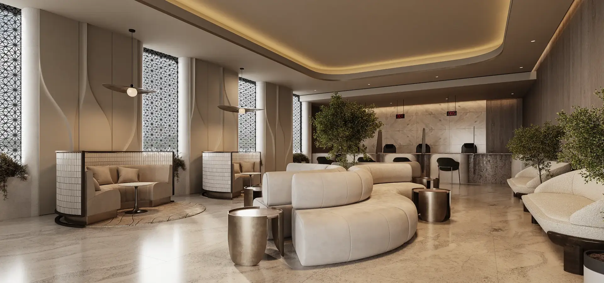 Office interior visualization of a premium reception lounge with curved sofas, marble floor and warm lighting