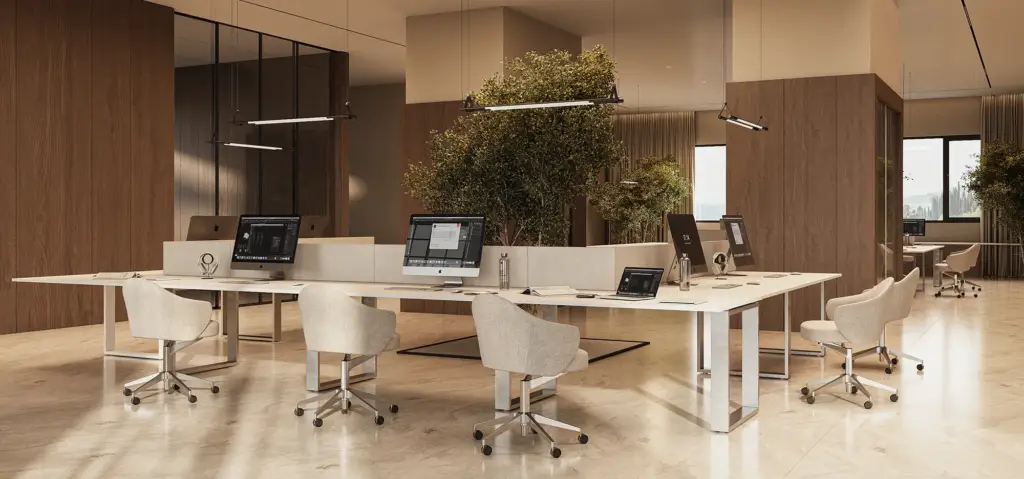Open-plan office interior 3D rendering with workstations, ergonomic chairs and natural light