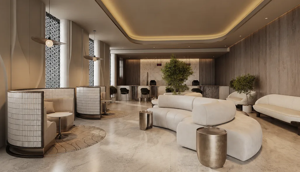 Office interior visualization showing zoning and clear sightlines across the workspace floor