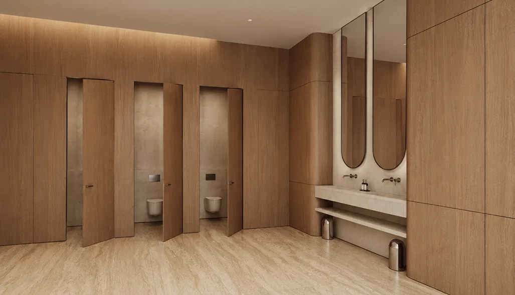 Office interior render highlighting layered workplace lighting and materials