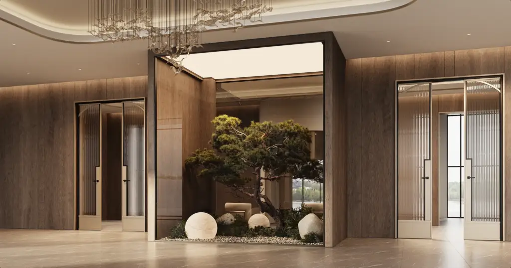 Photoreal office interior render presented for design sign-off
