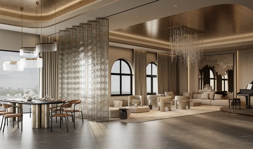 Premium office lounge interior visualization with dining area, glass partition and warm lighting