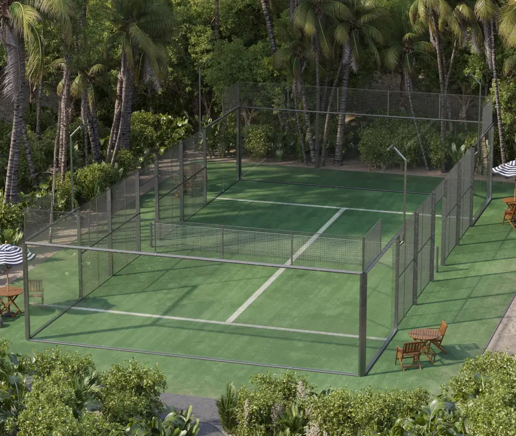 CGI rendering of a private padel court design with rotating views showing surface, glass, and landscape decisions before construction.