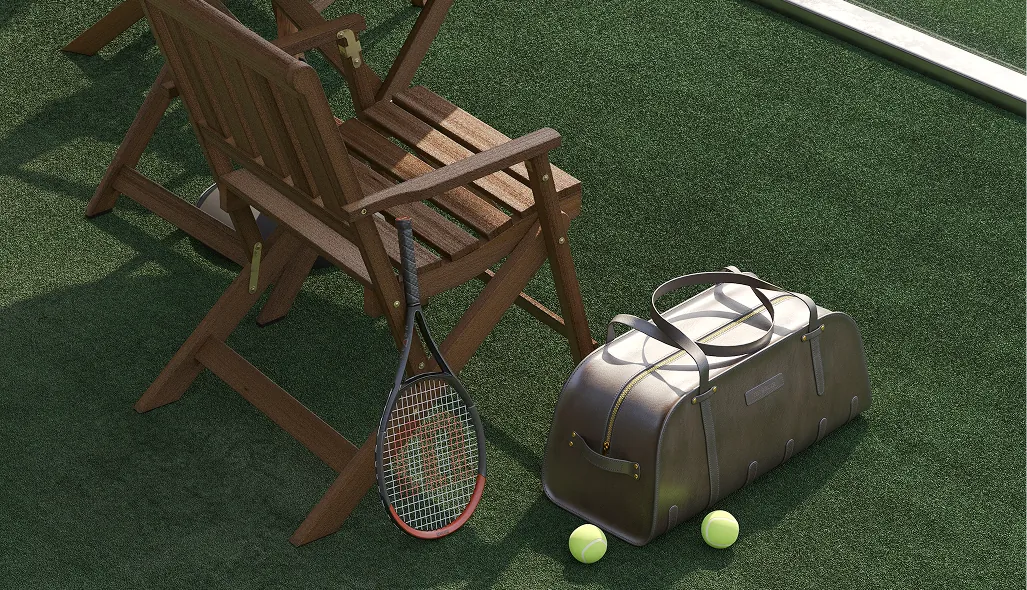 CGI render of padel court equipment and racket rest area with bench, integrated into the court perimeter.