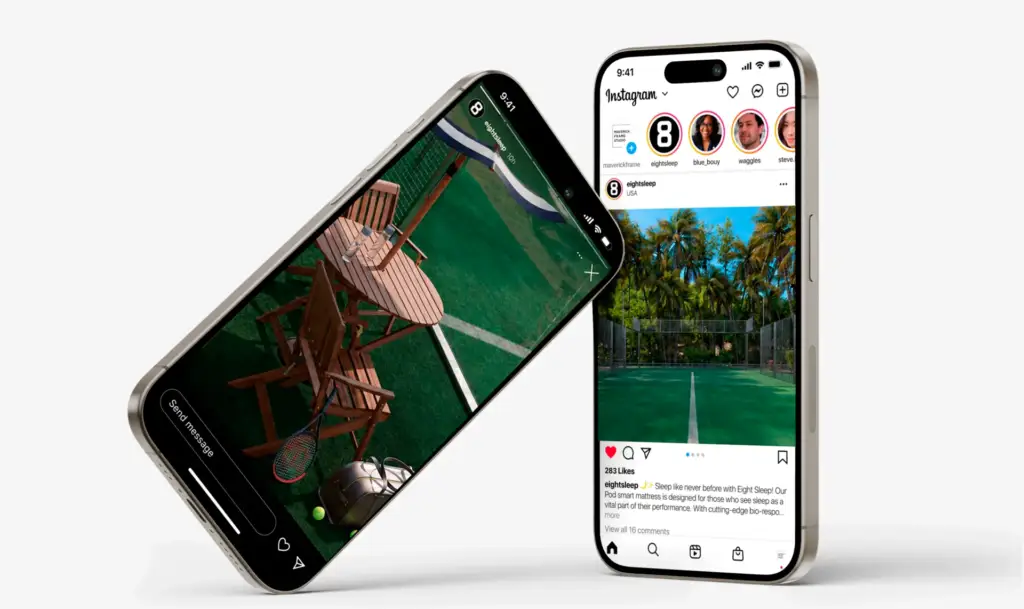 Marketing usage mockup of the padel court CGI on social media — pre-construction visualization driving rental pre-bookings.