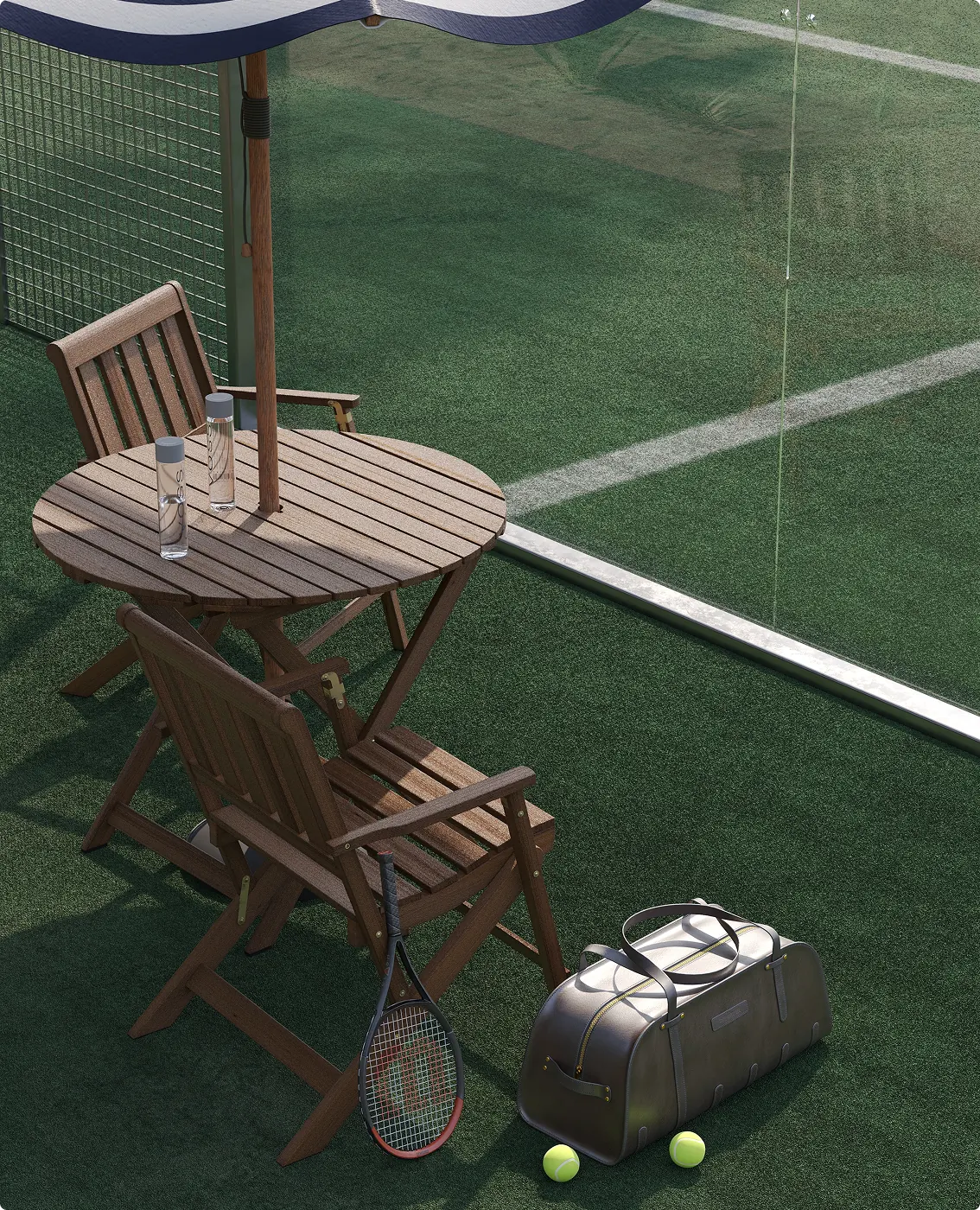 CGI detail of the padel court rest area with table, racket bag, and surface texture under playing conditions.