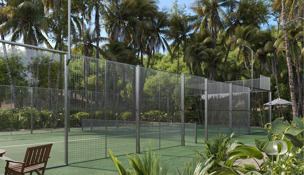Side-view CGI render of the padel court showing glass-wall transparency and seamless integration with the tropical garden.