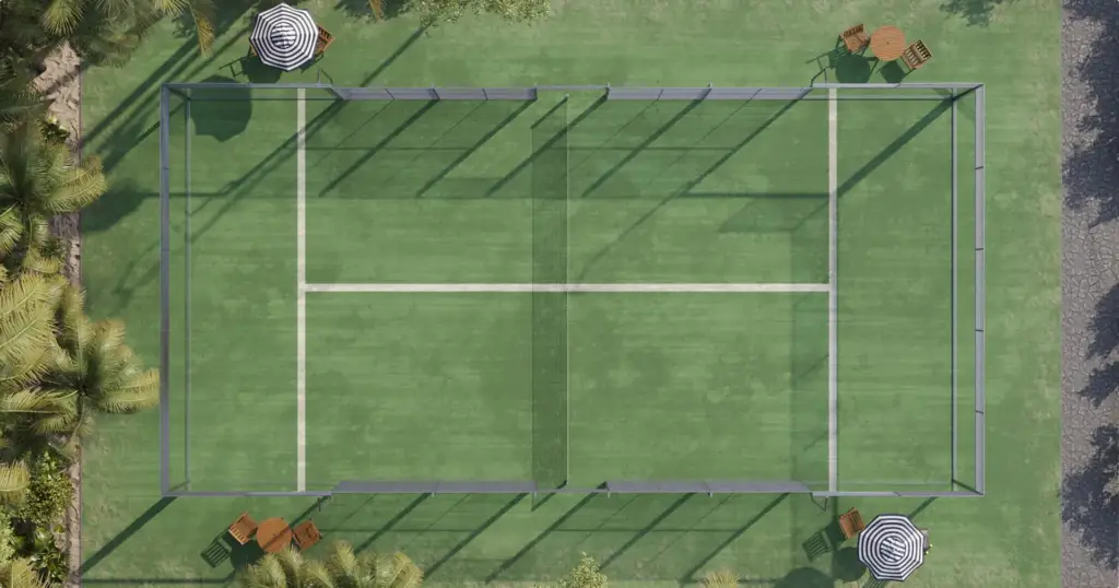 Top-view CGI rendering of the private padel court showing exact surface dimensions, glass panels, and surrounding landscape geometry.