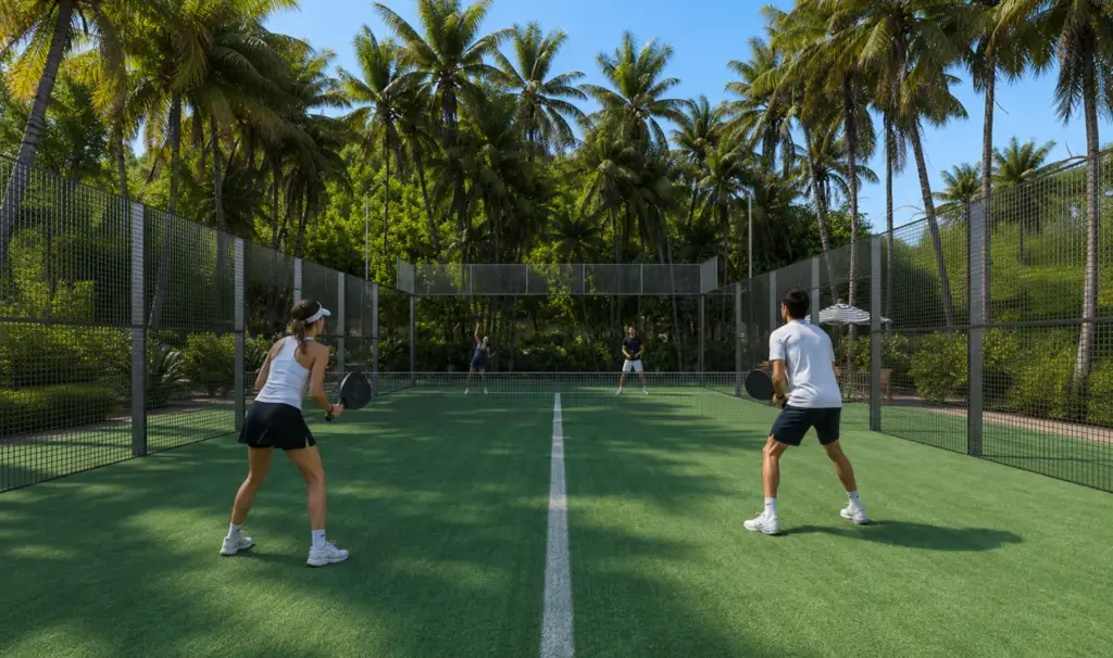 Strategic CGI render of a padel doubles match — afternoon palm shadows stripe the court surface, visualizing low-energy daytime use.