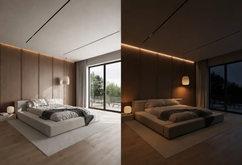 Day-to-night 360° panorama render showing a space in different lighting