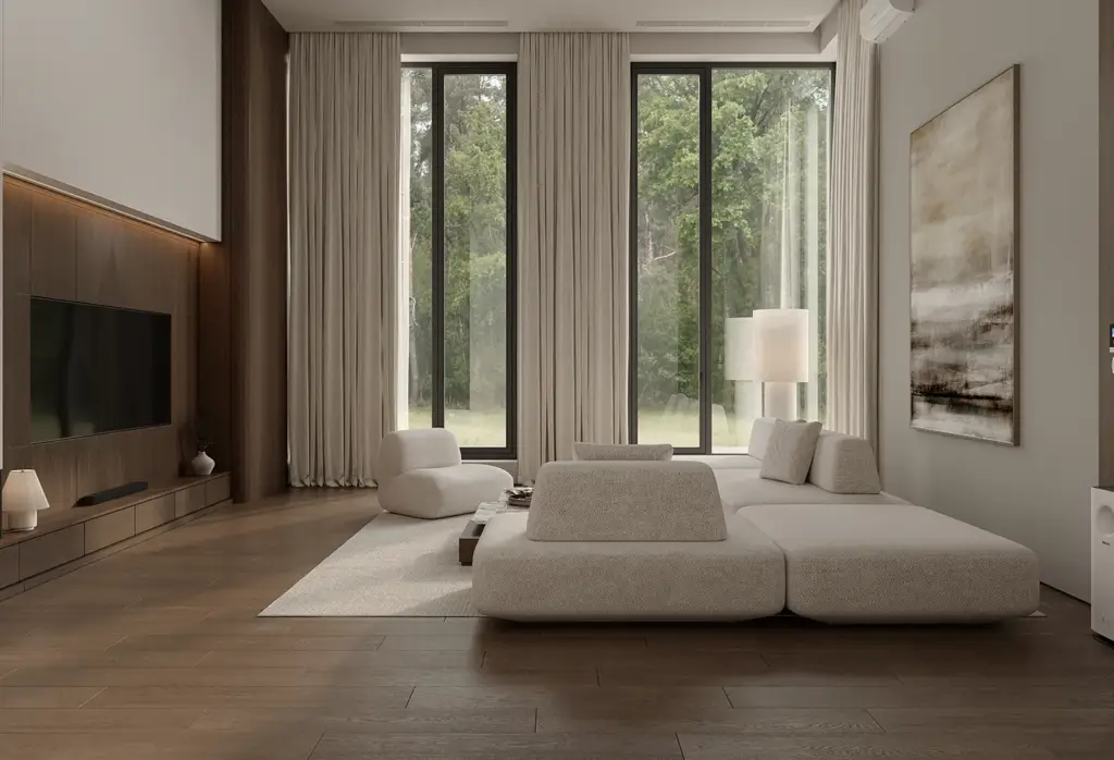 Interior 360° panorama render shown as a full spherical view of a room