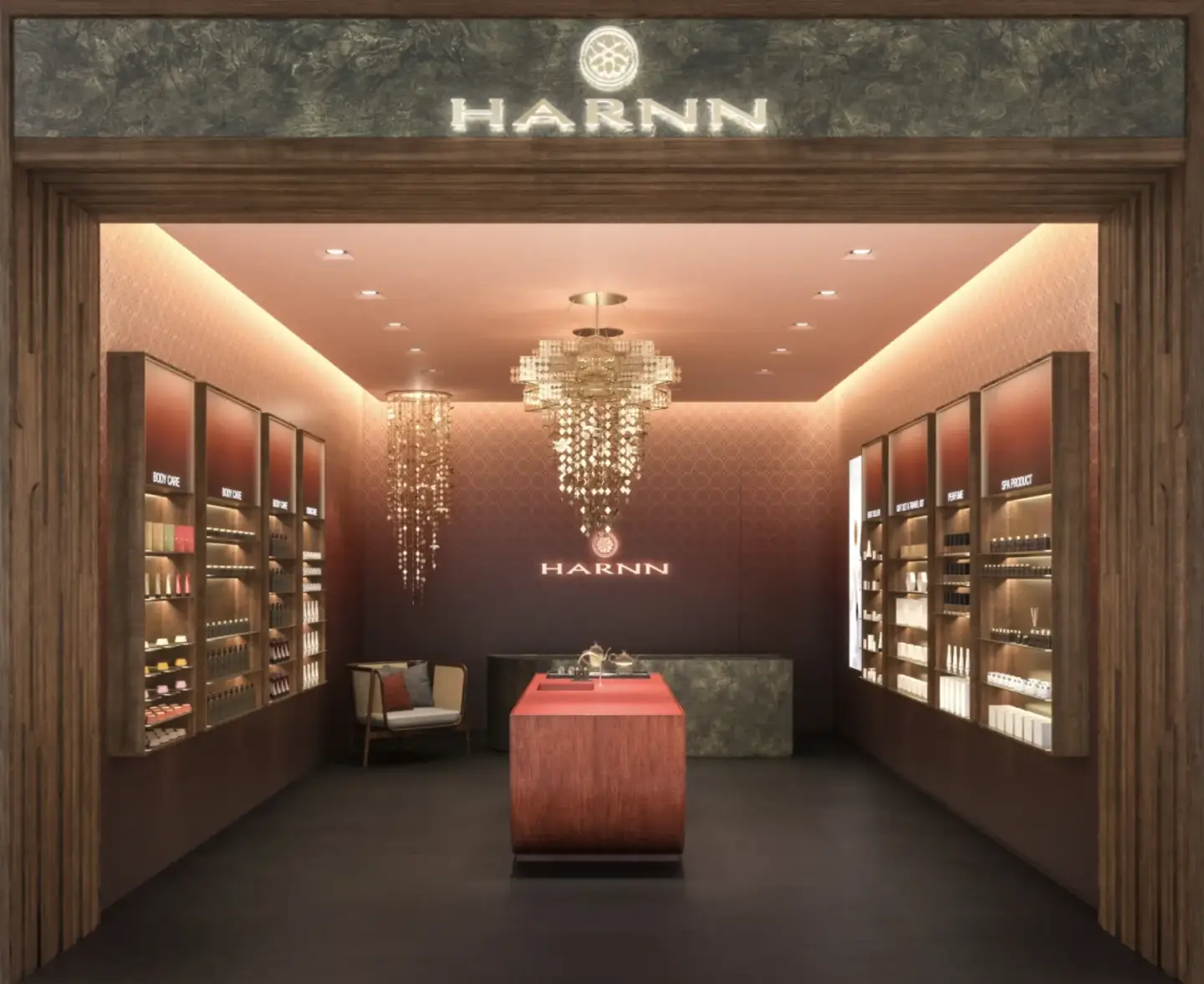 Best 3D Rendering Companies in Thailand Luxury retail interior 3D rendering showcasing HARNN boutique design with warm lighting and display shelving