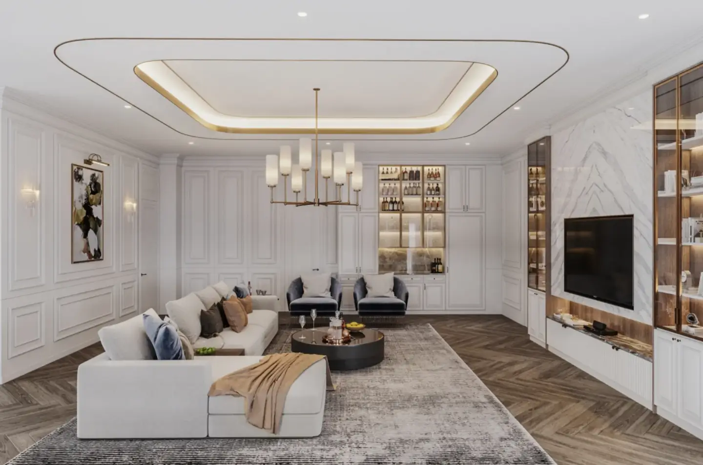 Classic white living room interior visualization with gold ceiling lighting by Thai studio Poonnanat.