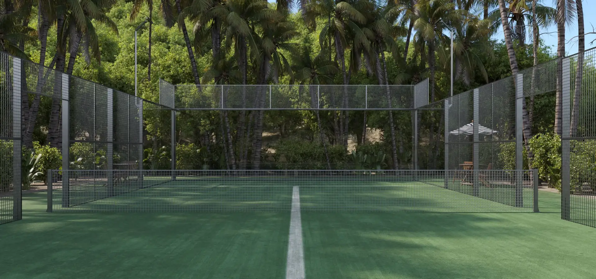 Photorealistic CGI hero render of a private padel court at a tropical villa estate at golden hour, framed by palms and ocean horizon.