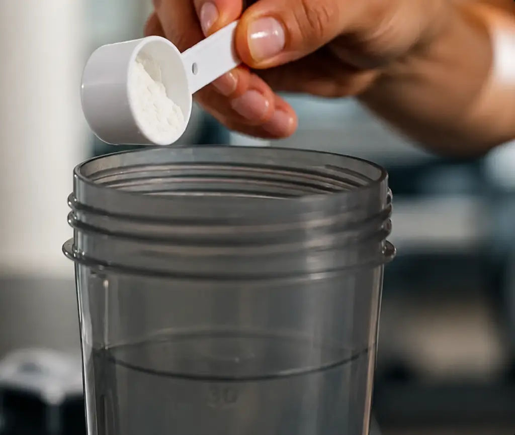 Scoop of protein powder being added to a shaker, sports nutrition product.