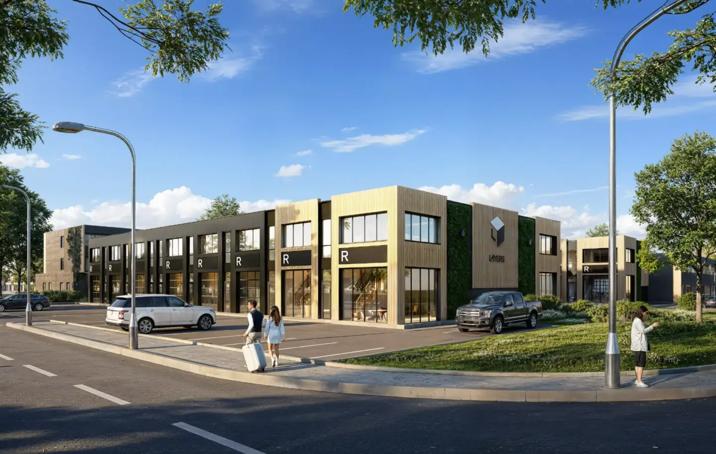 Best 3D Rendering Companies in the USA for Architectural Visualization & Real Estate in 2026 Retail plaza with parking lot, 3D rendering company USA, cars, glass storefronts and street
