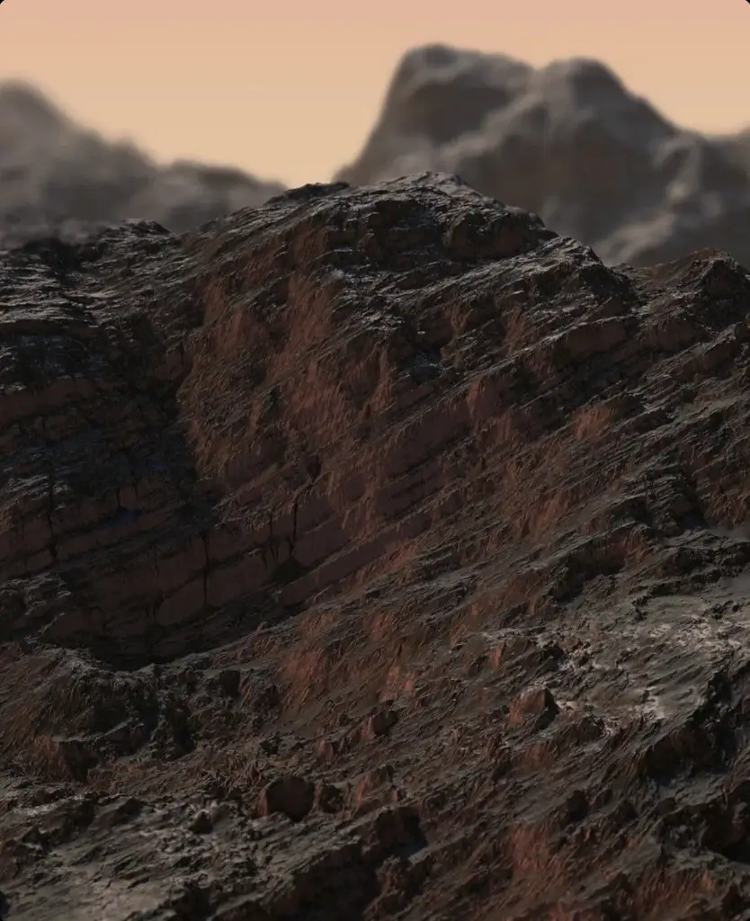 Rugged mineral mountain terrain, brand-world visualization.