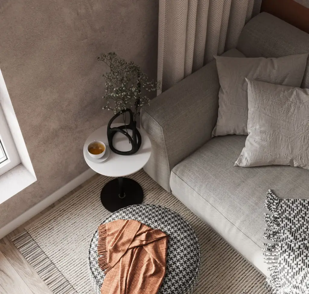 Grey living room sofa detail render by a Slovak 3D interior rendering studio.