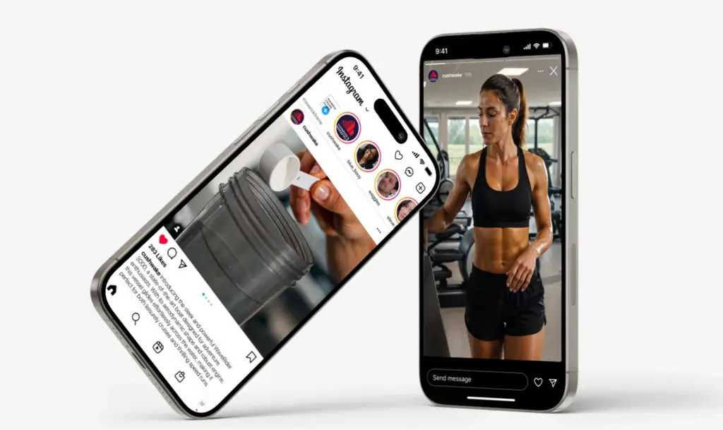 Sports nutrition campaign shown on smartphone social media mockups.