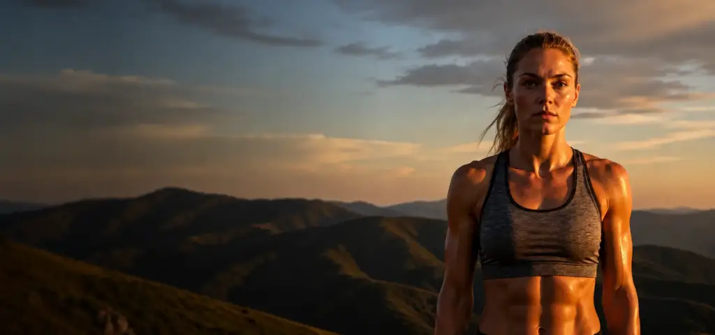 Female athlete portrait at dusk, sports nutrition product visualization hero.