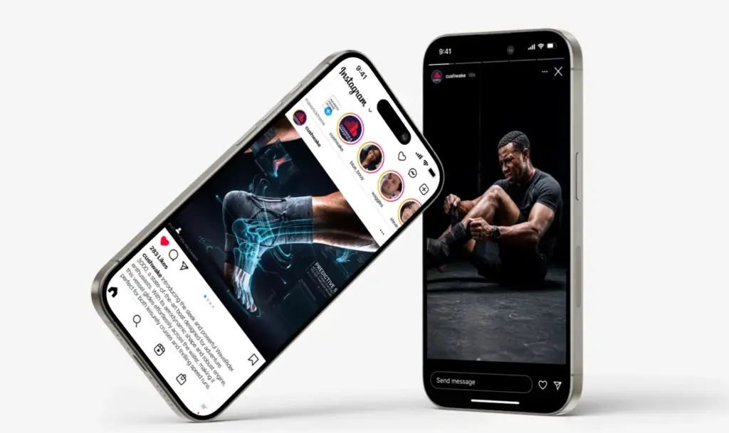 Sports support campaign shown on smartphone social media mockups.