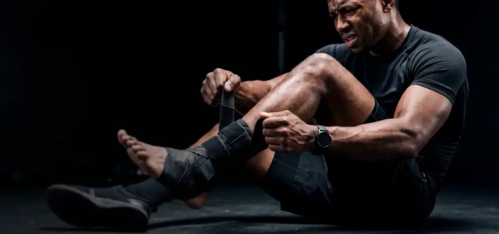 Athlete sitting in a dark studio wrapping an ankle support, sports equipment product visualization hero.