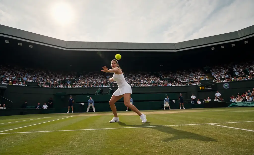 Tennis player mid-serve on court.