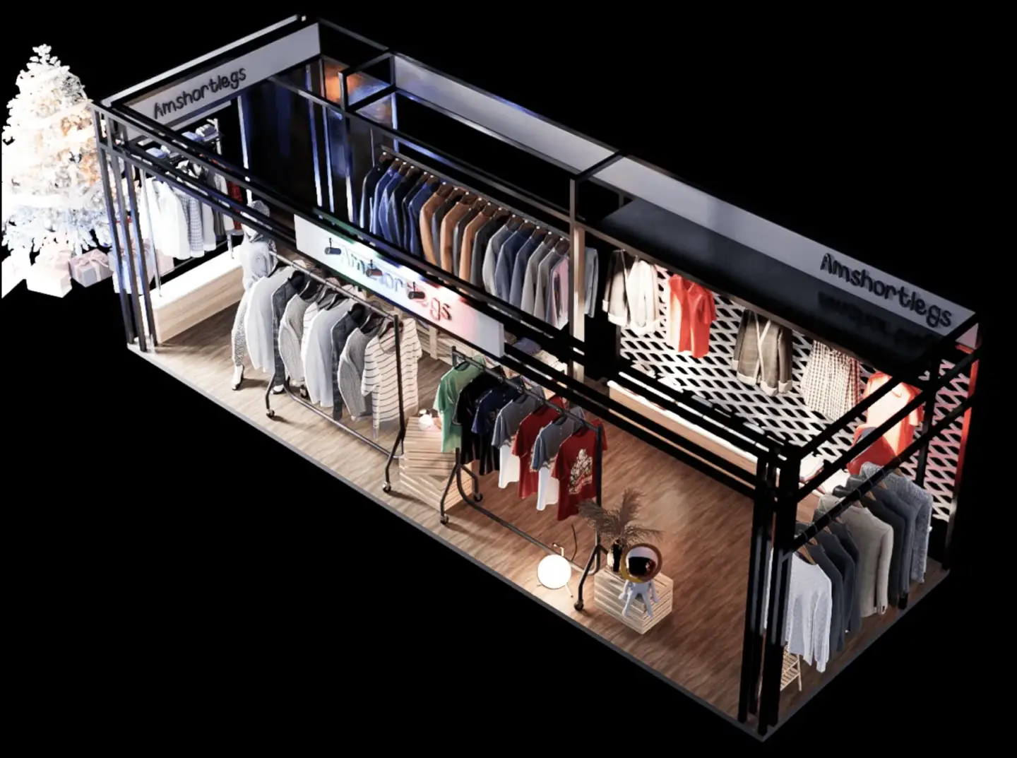 Best 3D Rendering Companies in Thailand 3D product visualization of a modular retail clothing kiosk with apparel racks, lighting, and branded display layout
