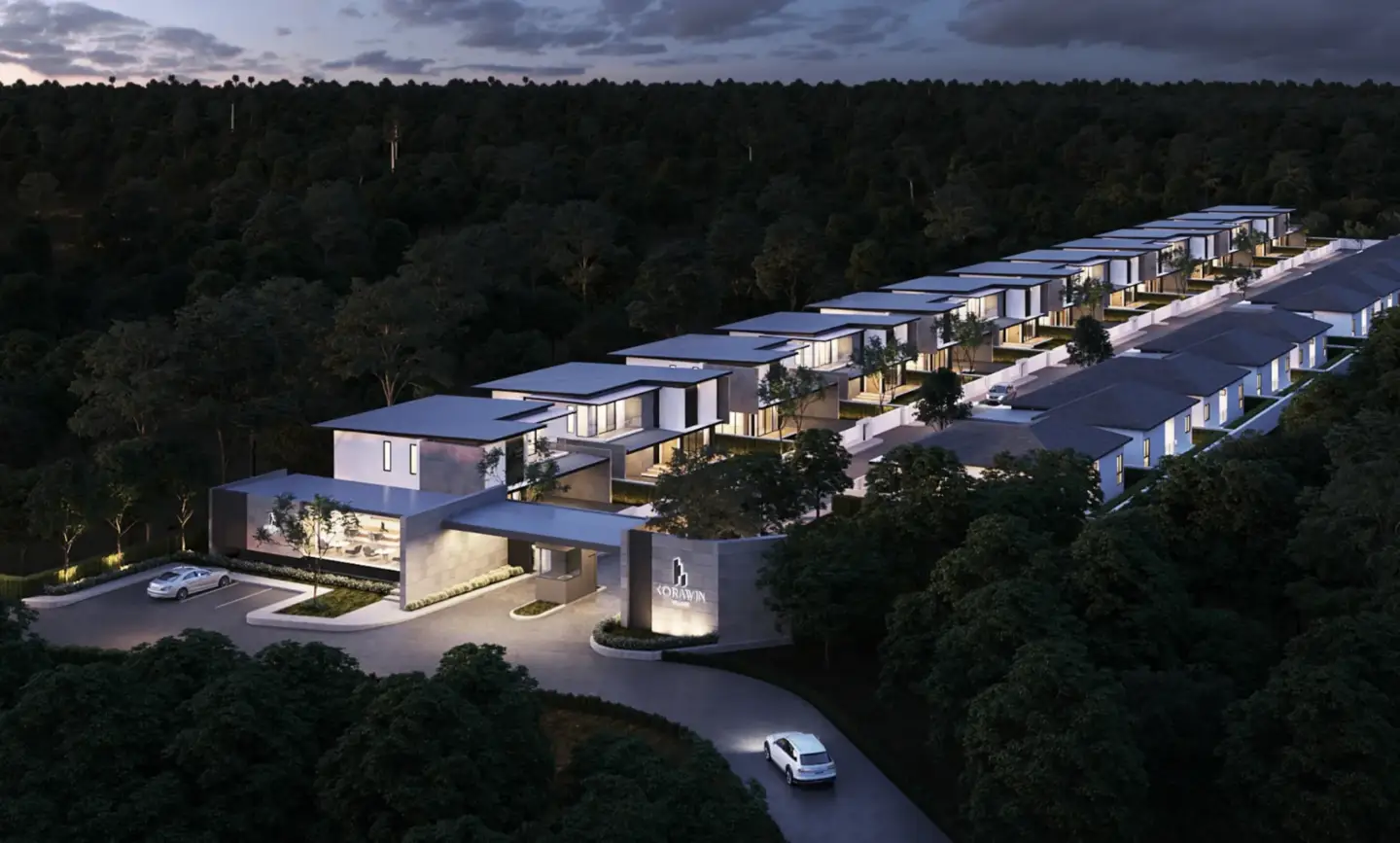 Types of angles in 3D visualization Aerial bird's-eye 3D render of a villa resort development in a forest