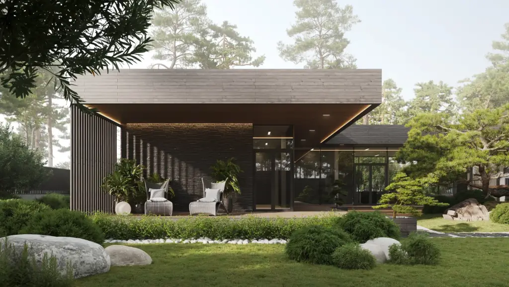 Modern flat-roof house exterior in a pine forest rendered by a Dutch 3D visualization studio.