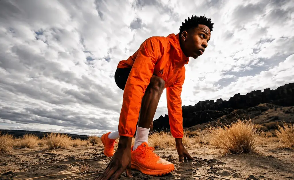 Athlete in orange in a starting crouch in a rocky landscape.