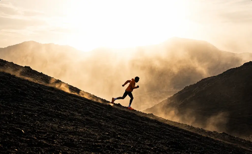 Trail runner small in a vast sunset landscape.