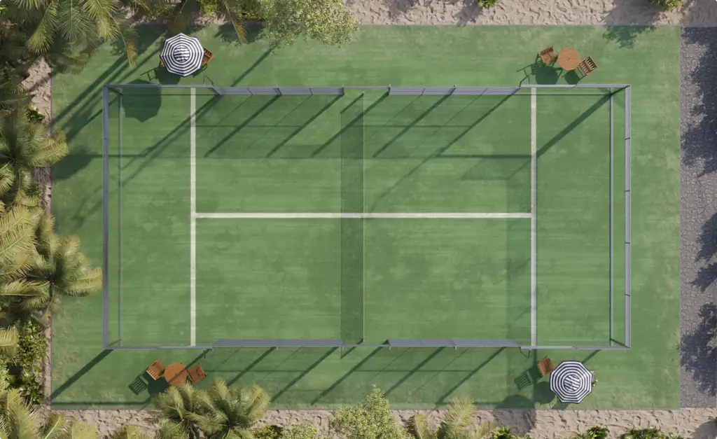 Aerial CGI render of the tropical padel court with sand-tone surface, showing surface treatment and landscape contrast.