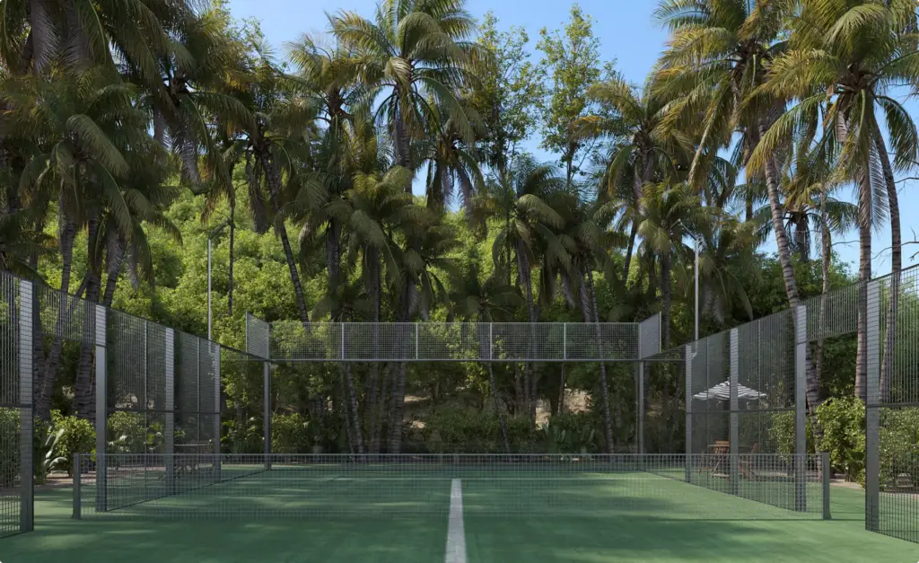 Tropical CGI render of the padel court framed by foreground palms — atmospheric lifestyle visualization.