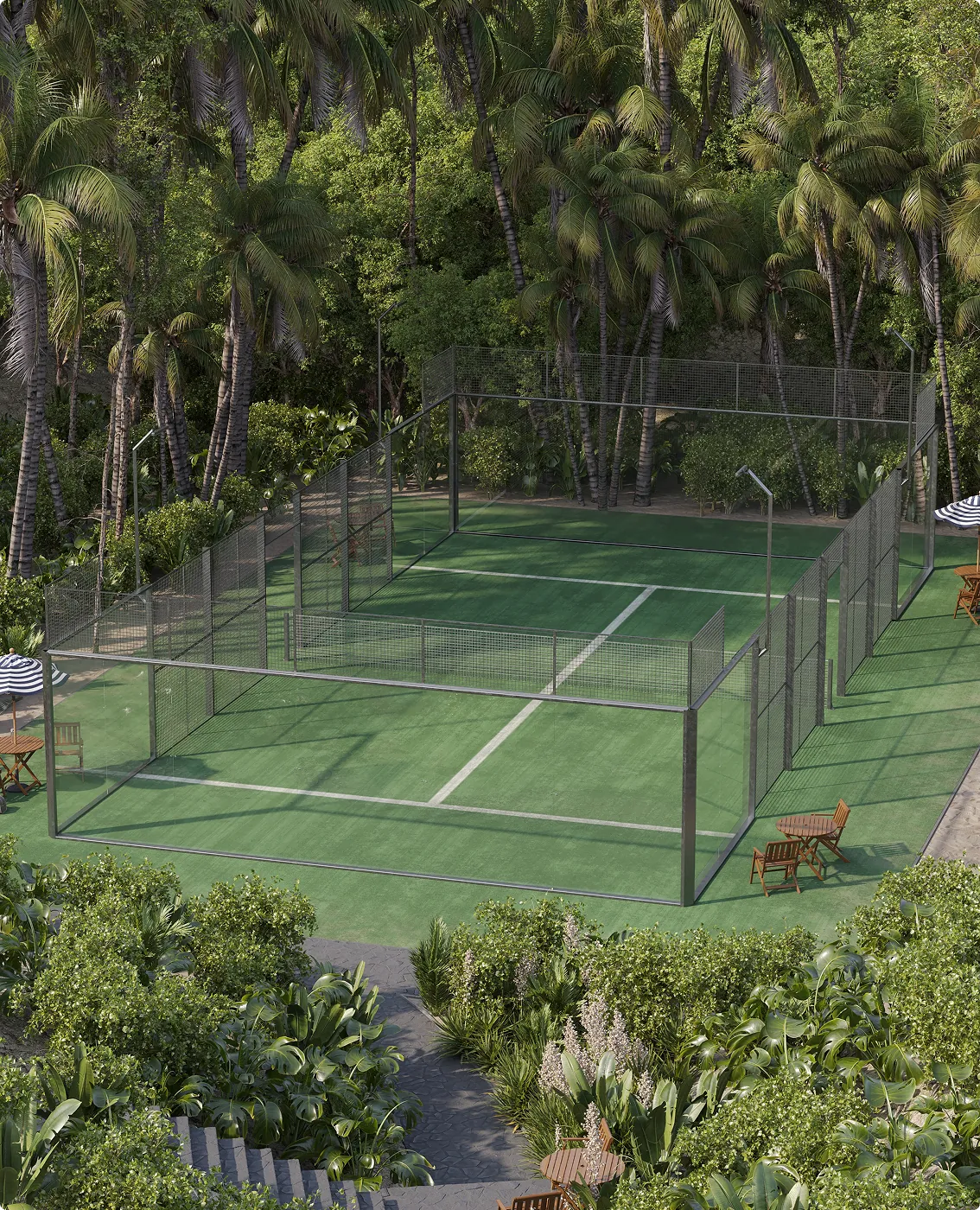 Tropical villa aerial CGI showing the private padel court positioned within the broader estate landscape and architecture.
