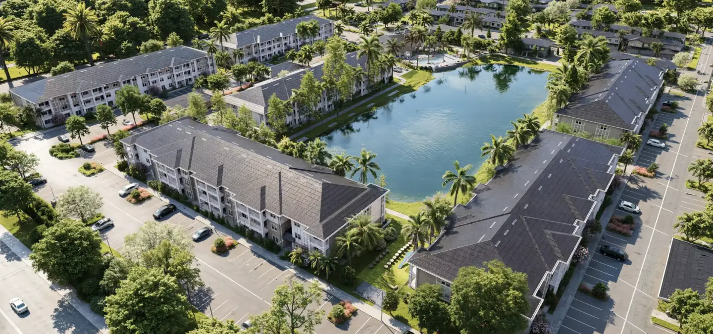 Clubhouse CGI from the tropical residential development project, wide evening hero view.